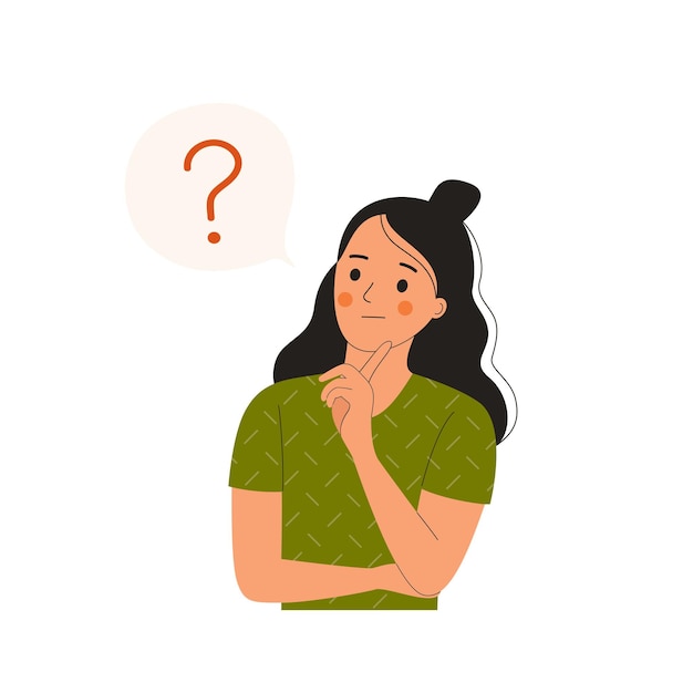 Young woman with question mark in think bubble flat style cartoon vector illustration