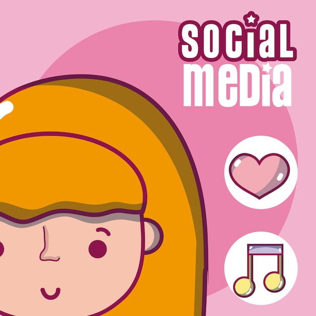 Young woman with social media symbols cartoons