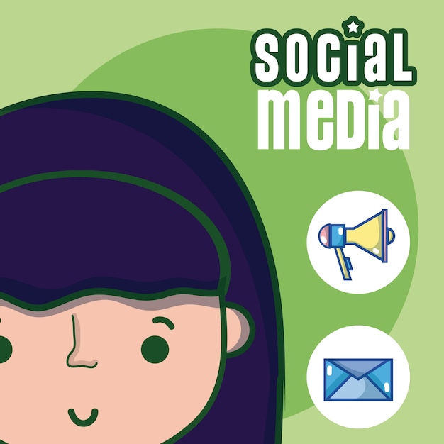 Young woman with social media symbols cartoons