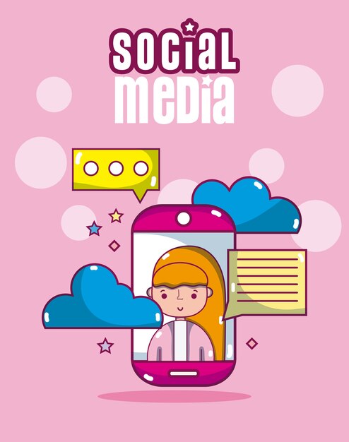 young woman with social media symbols cartoons