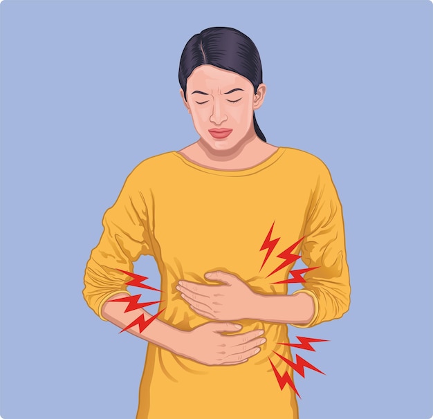 Young woman with stomach ache and abdominal pain vector illustration