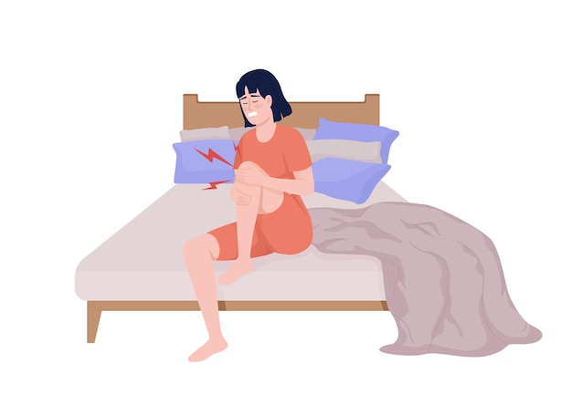 Vector young woman with sudden intense knee pain semi flat color vector character