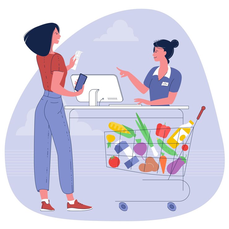 Вектор молодая женщина с тележкой в супермаркете, полной тележки с продуктами