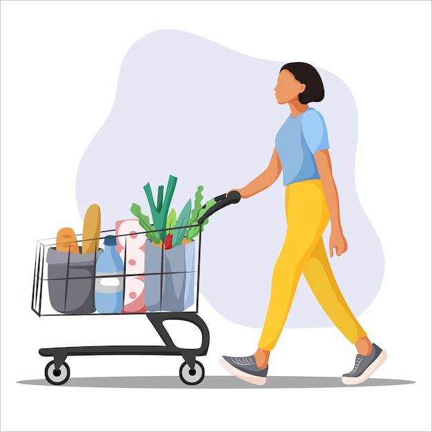 Vector young woman with supermarket shopping cart