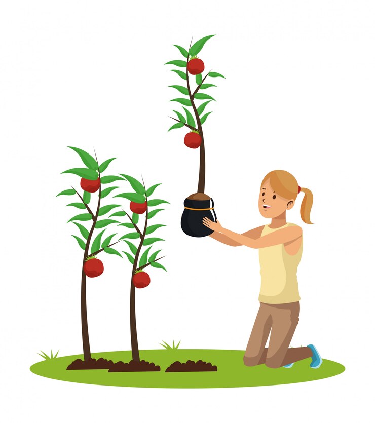 Vector young woman with tomato harvest