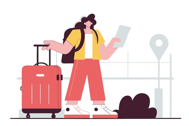 young woman with travel suitcase and map going on a trip tourism concept vector flat illustration
