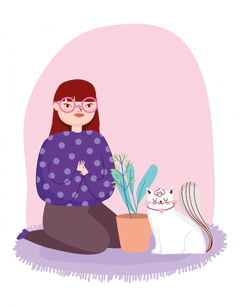 Vector young woman with white cat and potted plant