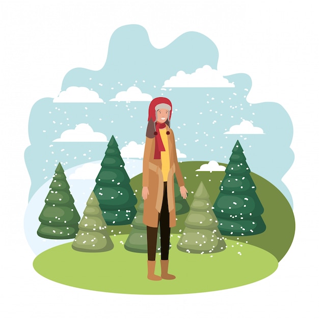 Вектор Молодая женщина с зимней одеждой и зимними соснами