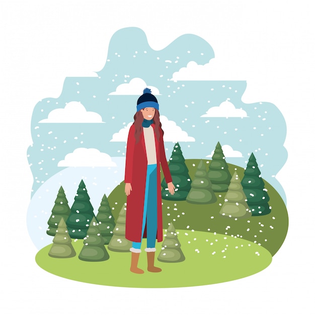 Young woman with winter clothes and winter pines