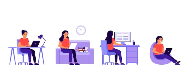 若い女性はラップトップまたはコンピューターを使用してホームオフィスで働いています。