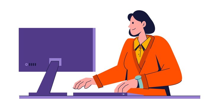 Вектор молодая женщина работает на настольном компьютере на офисном столе