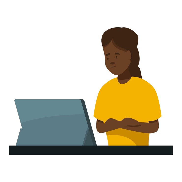 Vector young woman working from home using digital tablet on desk