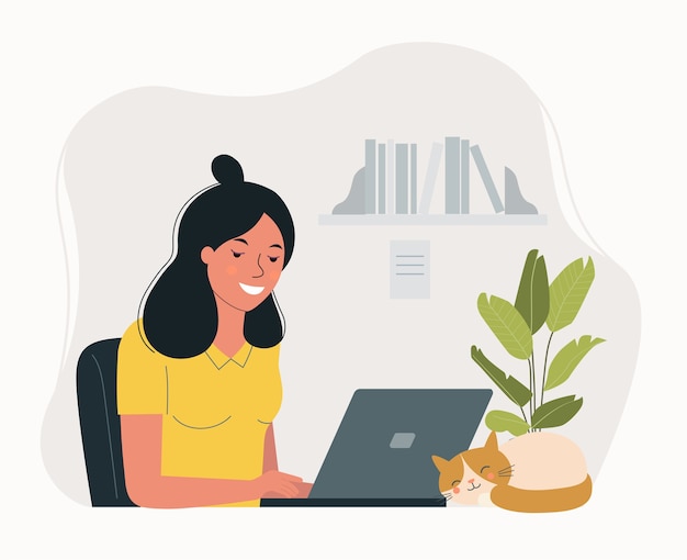 Young woman working at her office with cat flat style illustration