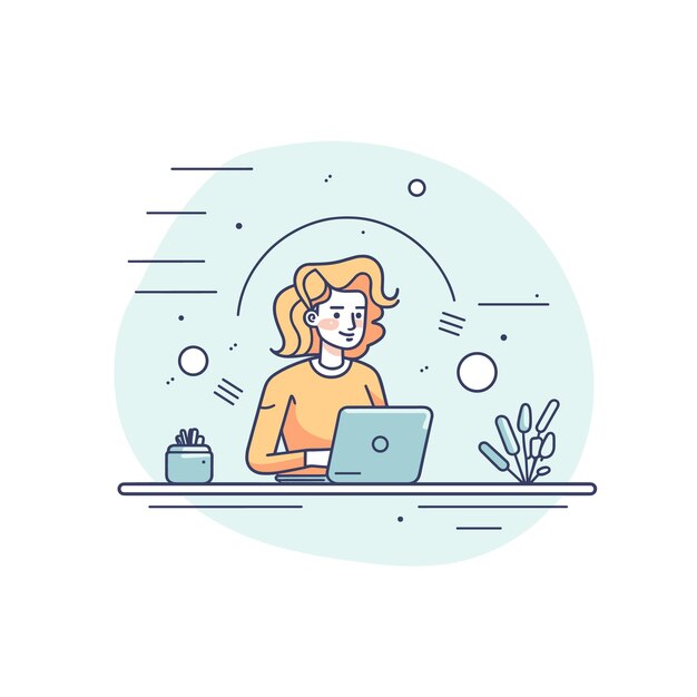 Vector young woman working laptop cheerful freelancer desk indoor home office concept potted plant