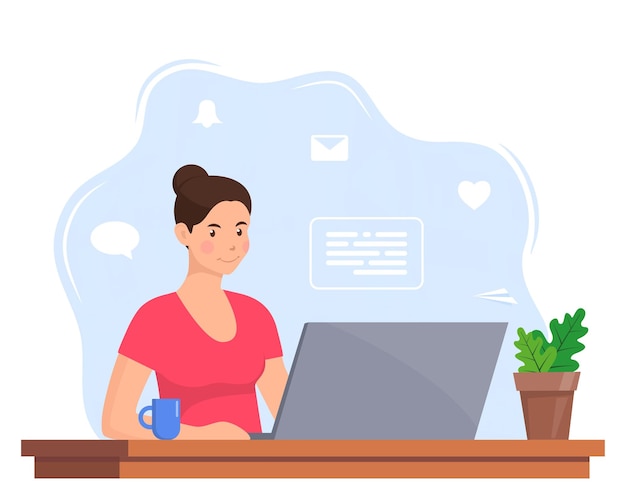 Vector young woman working on laptop at home office freelancer at work remote work