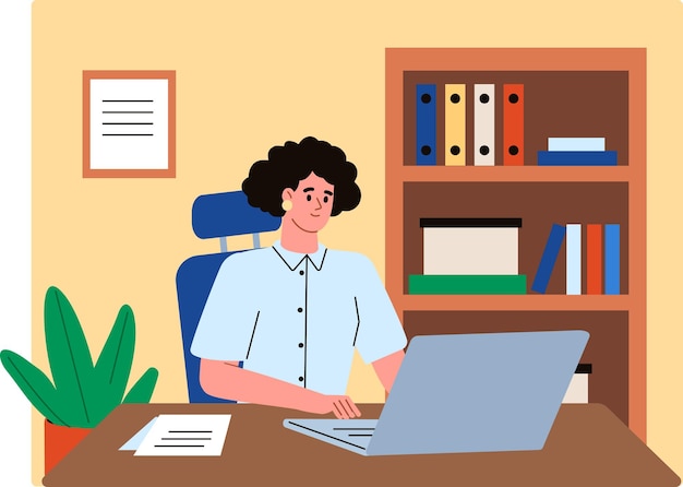 Young woman working in office Employee working at the computer Job working place Flat cartoon vector