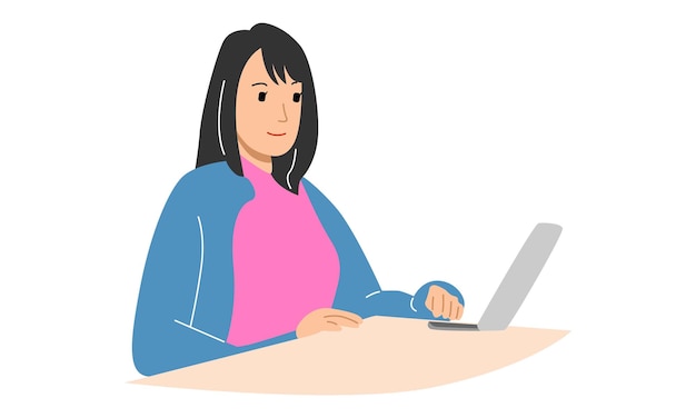 Vector young woman working with laptop