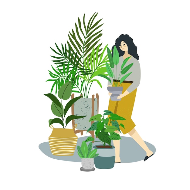 Young woman in yellow cullotes takes care about home plants, urban jungle trendy room interior, hand drawn  flat illustration.