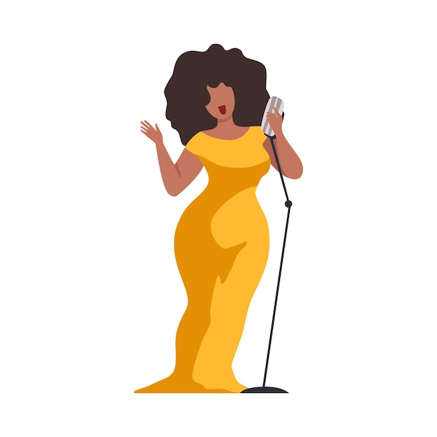 Vector young woman in yellow evening dress singing with microph beautiful african american jazz singer