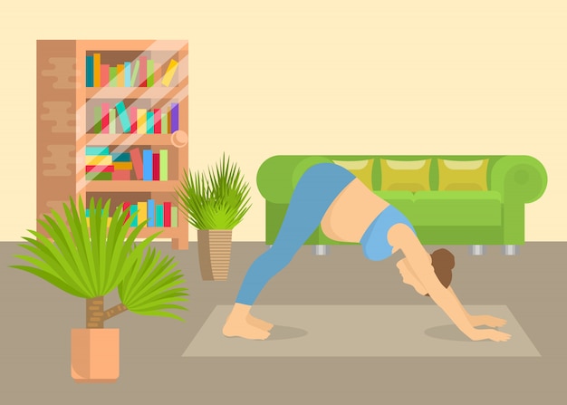 Young woman in yoga posture at home living room interior  vector illustration. girl performing aerobics exercise and morning meditation. physical and spiritual yoga practice.