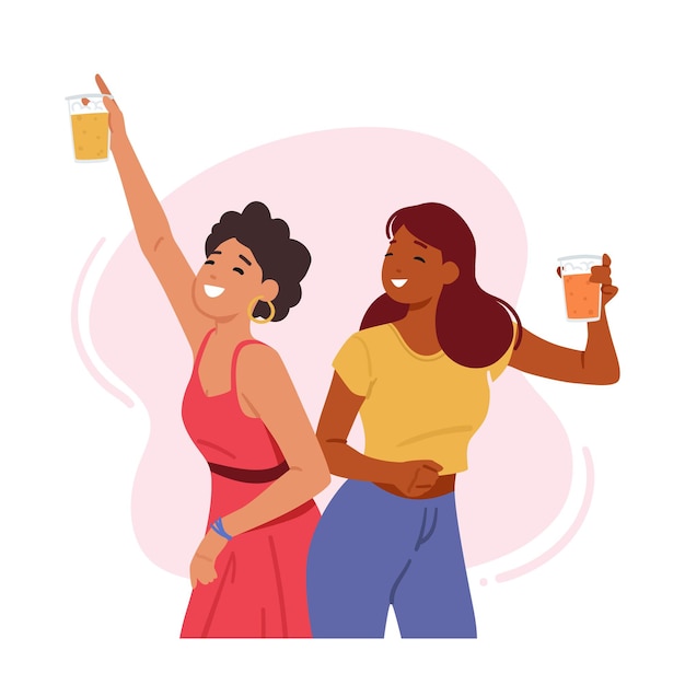 Vettore giovani donne che si godono la birra abbracciando gusti diversi e infrangendo le norme sociali. personaggi femminili che mostrano la loro indipendenza e divertimento in contesti sociali. illustrazione vettoriale di persone dei cartoni animati