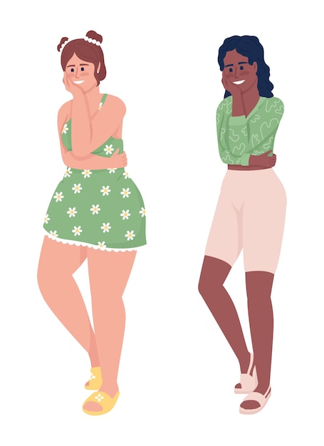 Vector young women hugging themselves semi flat color vector characters set