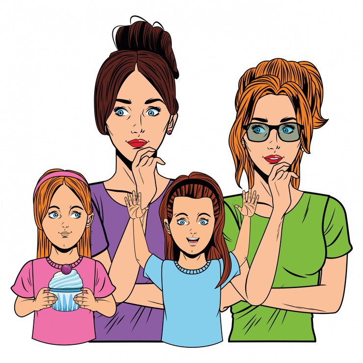 Vector young women and little girls