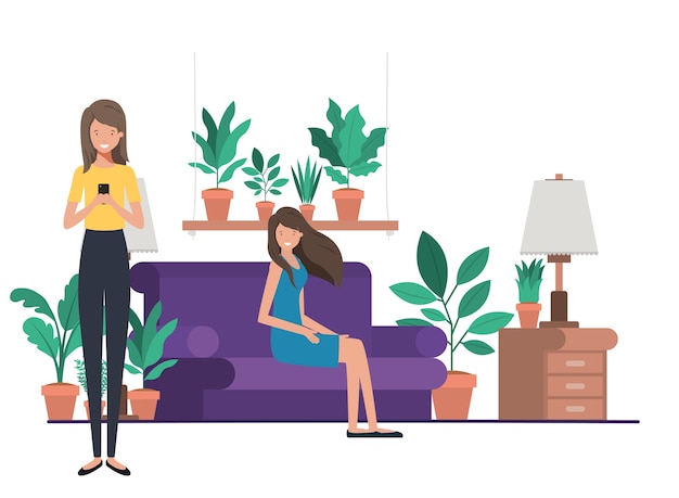 Vector young women in living room avatar character