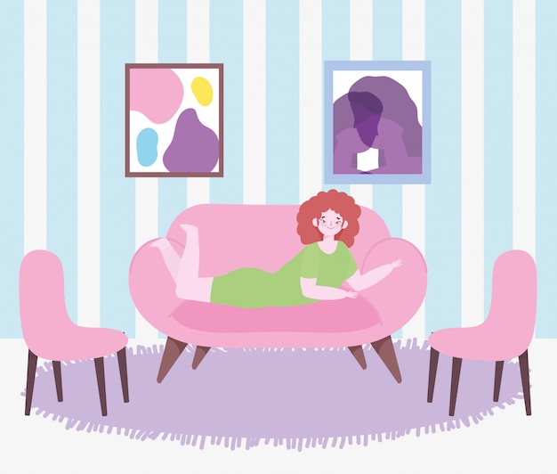 Vector young women liying on sofa in the room with chairs cartoon