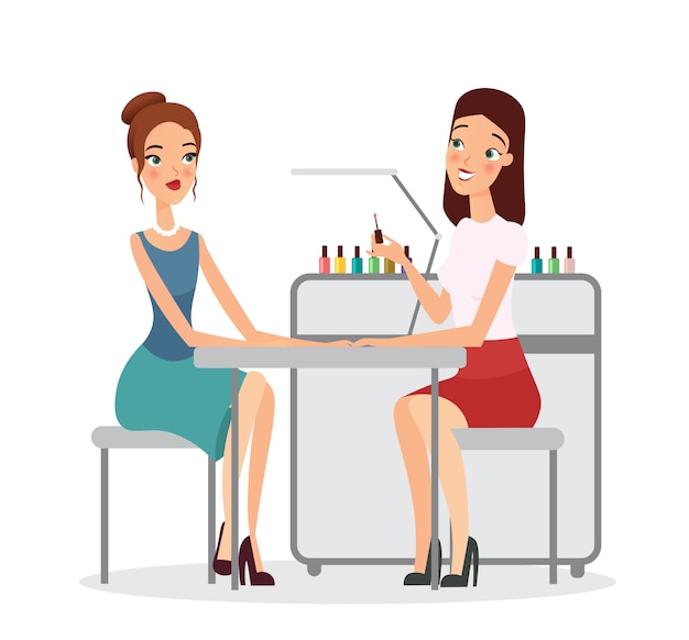 Young women in manicure salon. manicurist doing procedure with nail polish, manicure, beauty salon, girls in manicure studio, cartoon flat style.