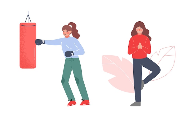 Vector young women meditating and hitting punching bag to calm down stressful emotions self healing therapy stress relieving cartoon vector illustration