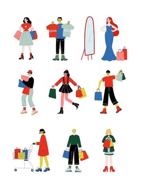 Young Women and Men Carrying Shopping Bags with Purchases Set People Purchasing at Store Mall or Shop Vector Illustration on White Background