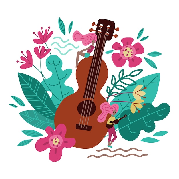 Young women near big guitar hand drawn character scandinavian style doodle decorative leaves flowers music obsession metaphor flat cartoon illustration music festival promo banner poster design