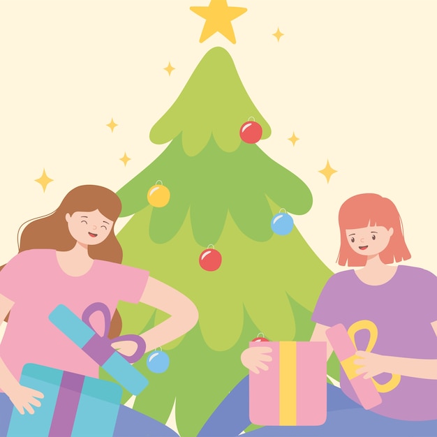 クリスマスツリーのベクトル図でギフトボックスを開く若い女性