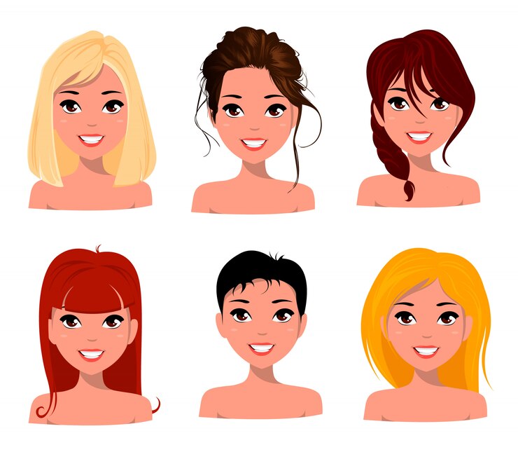 Vector young women, pretty faces with different hairstyles
