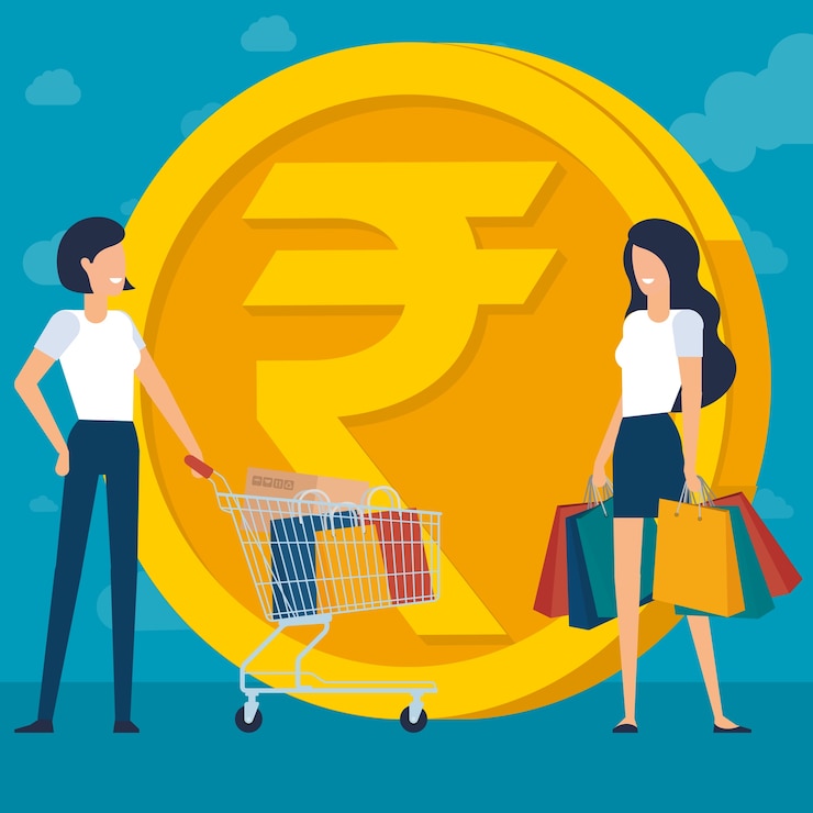 वेक्टर young women at shopping flat desin  concept with indian rupee and clear sky background ready for animation characters and design elements with shopping bags and boxes