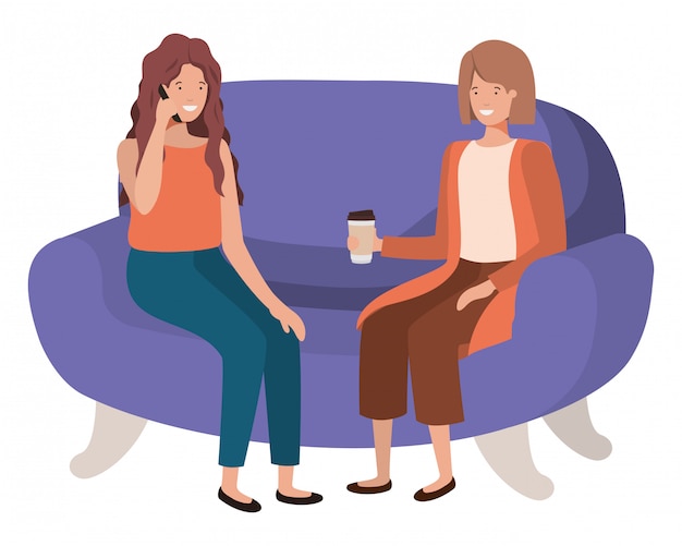 Vector young women sitting on sofa avatar character