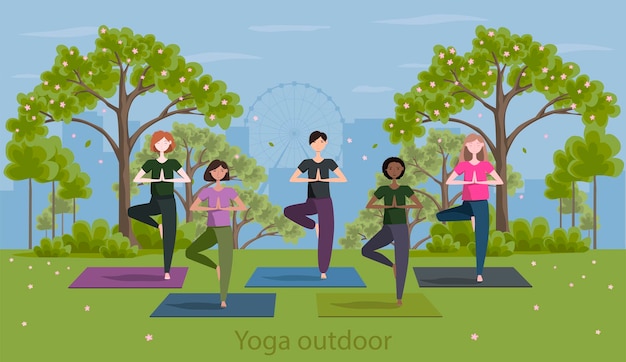 Vettore giovani donne in abbigliamento sportivo che si allenano yoga all'aperto nella primavera del parco cittadino. lezione di yoga all'aperto. stile piatto