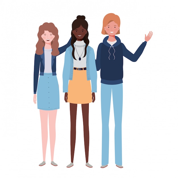 Vector young women standing on white