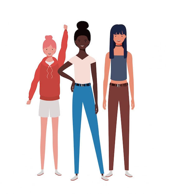 Vector young women standing on white