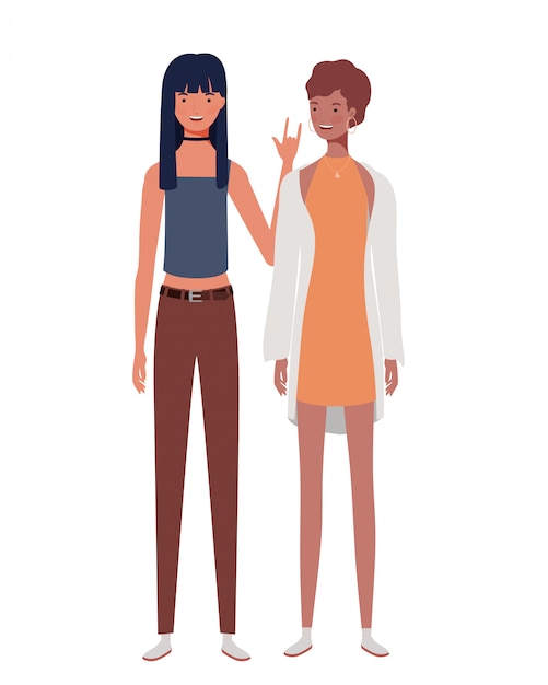 Vector young women standing on white