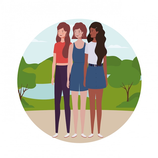 Vector young women standing with landscape illustration