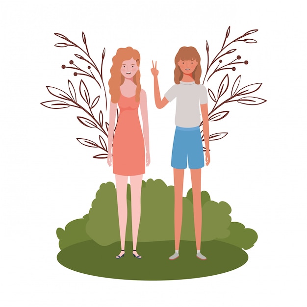 Vector young women standing with landscape