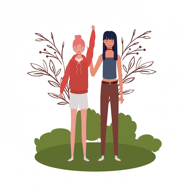 Vector young women standing with landscape