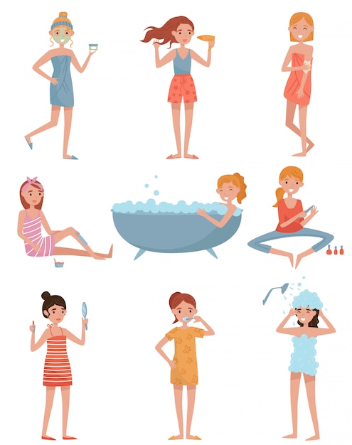 Young women taking care of herself set, girl applying mask, drying her hair, doing wax depilation and manicure, taking bath  Illustrations on a white background