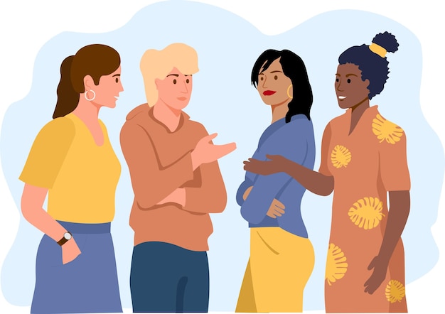 Young women talking together to each other. different nationalities and races. female friendship, friends spending time together. multiethnic people talking. flat cartoon vector illustration