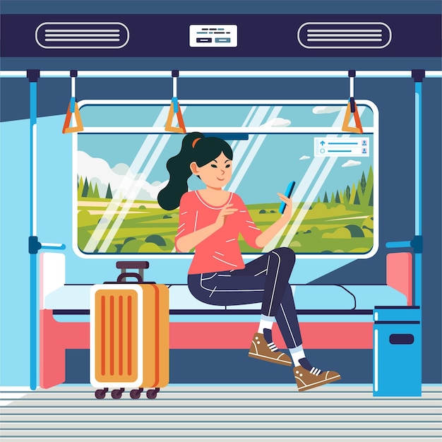 젊은 여성들은 인터 시티 열차를 사용하여 스마트 폰을 들고 기차에서 셀카를 찍습니다.