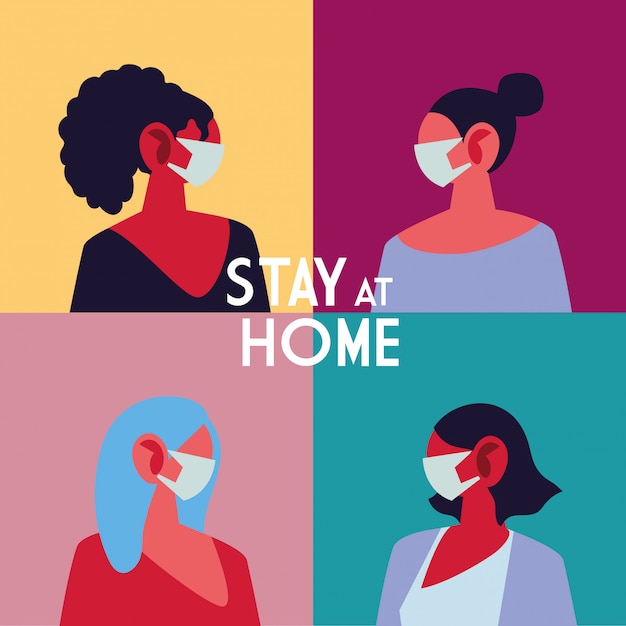 Vector young women using face masks at home