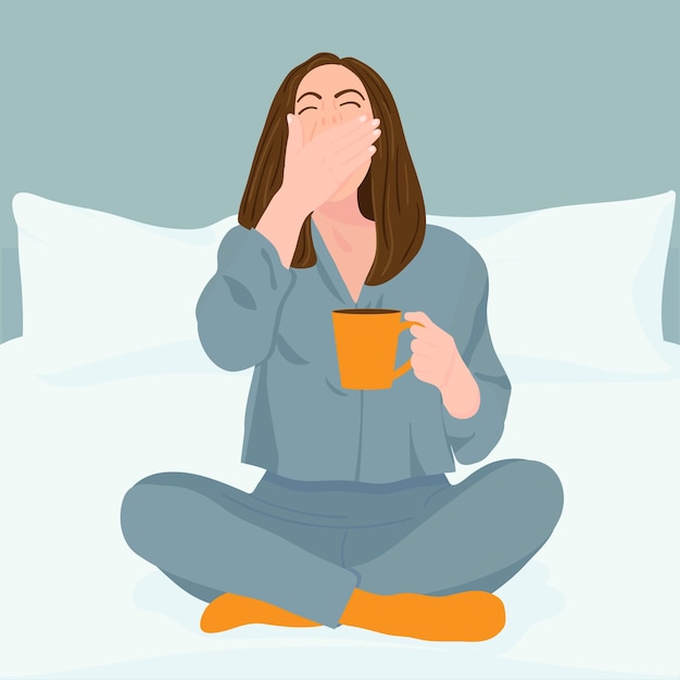 Young women wake up in the morning feeling happy and excited women on mattress yawns and drinks morning tea or coffee with happy face feeling healthy women Good morning Vector illustration