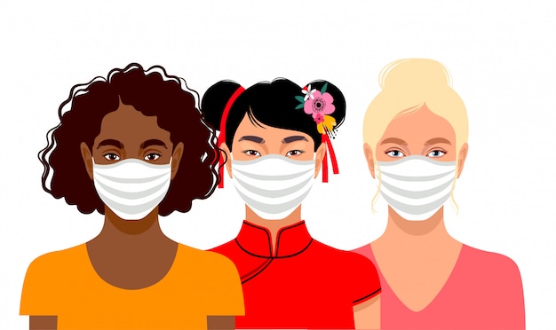 Vector young women wearing protective masks